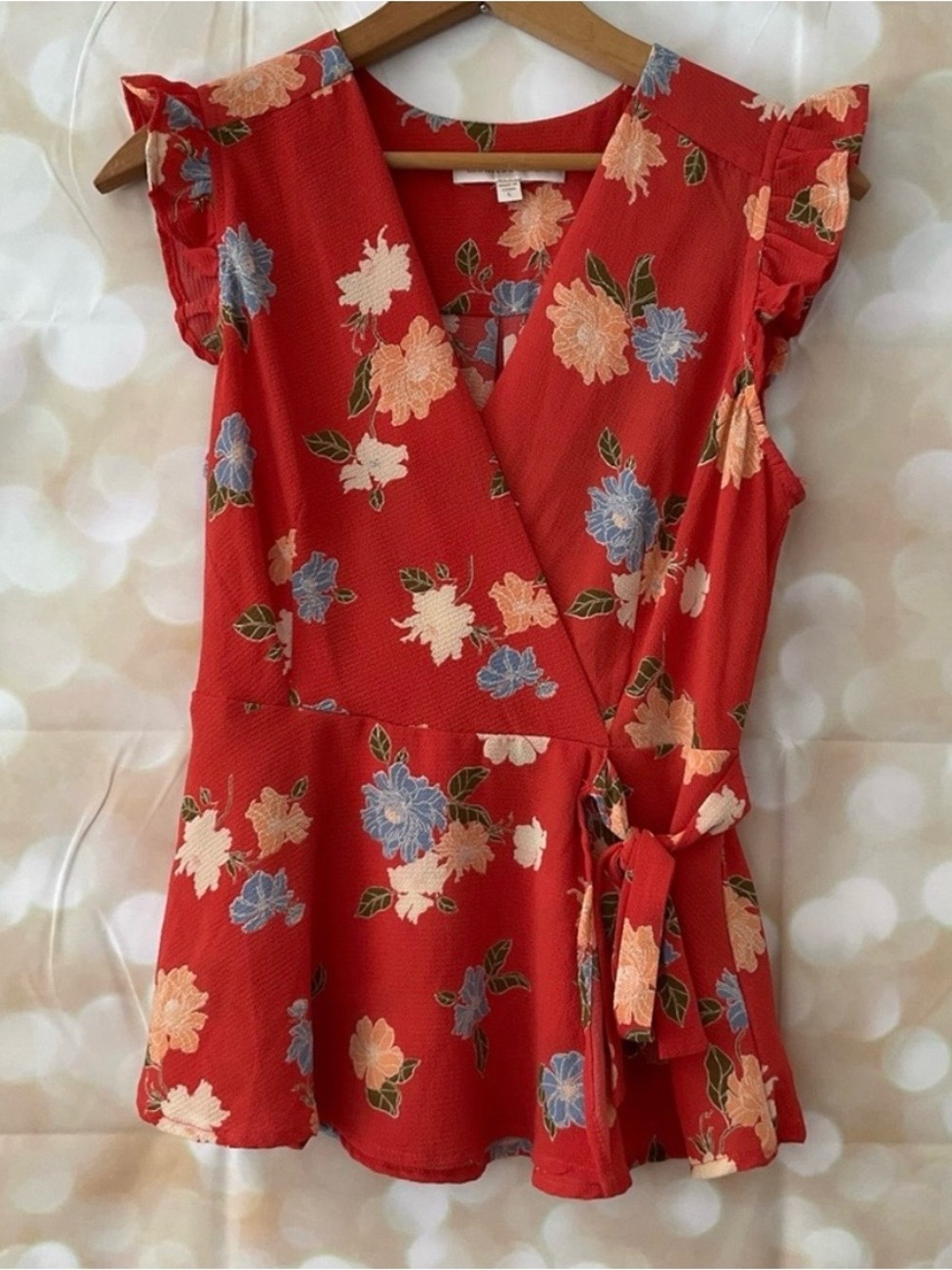 Monteau Red Floral Wrap Peplum Top